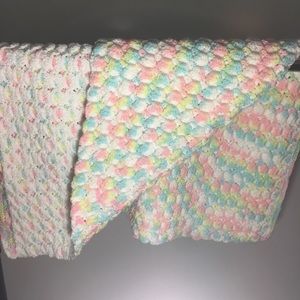 Homemade Baby Blanket knit white & pastels 40”x30”